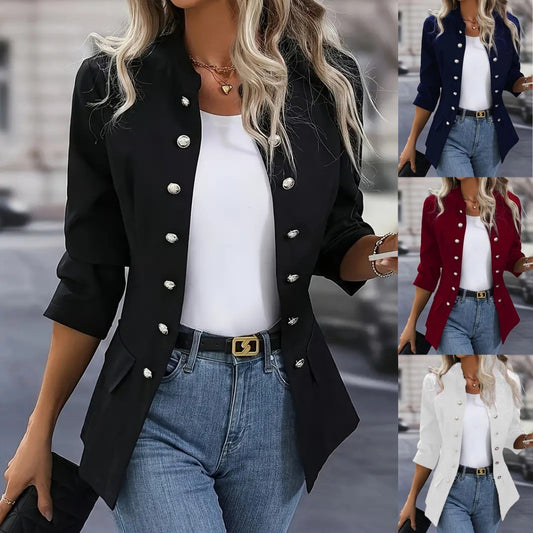 Solid Colour Stand Collar Double Breasted Jacket