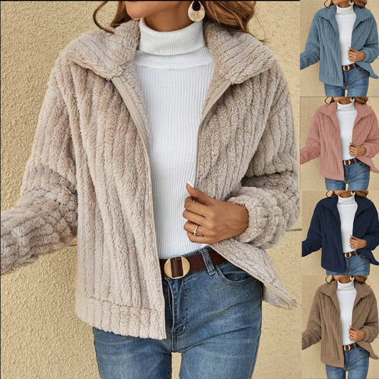 Ladies Fleece Lapel Cropped Jacket