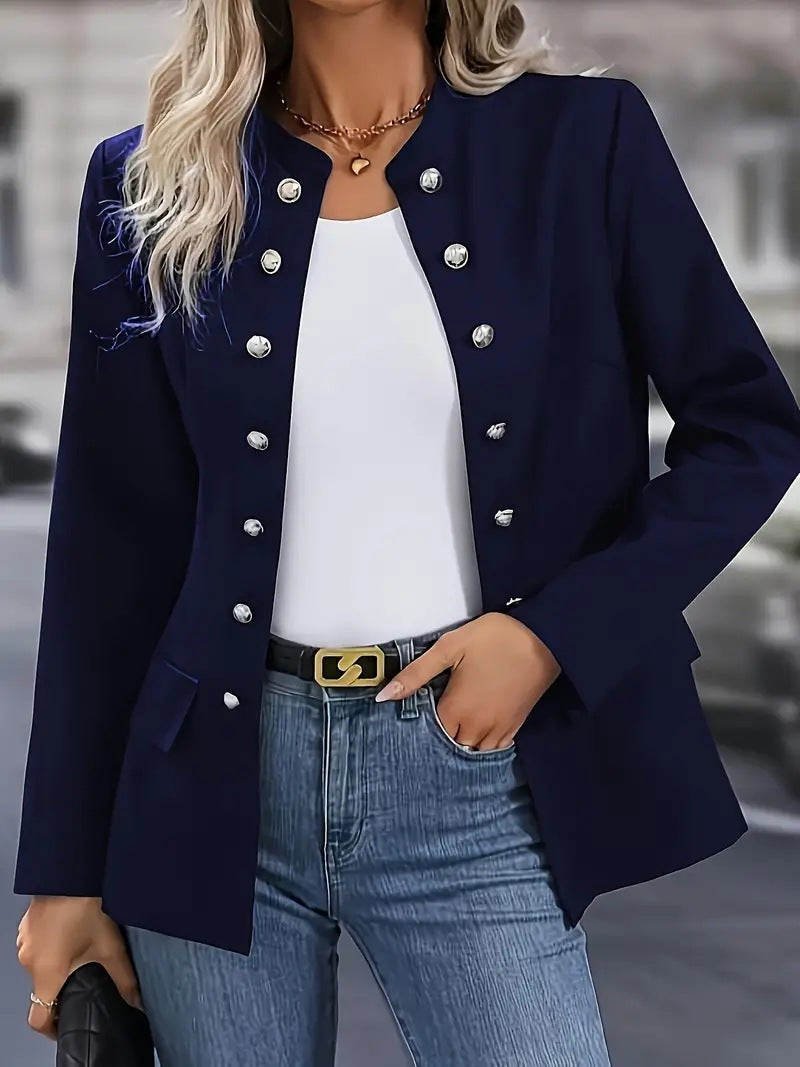 Solid Colour Stand Collar Double Breasted Jacket