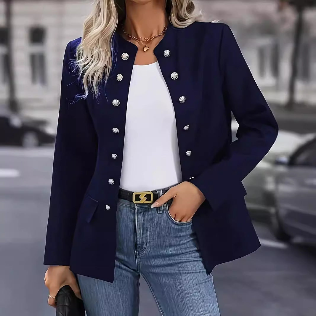 Solid Colour Stand Collar Double Breasted Jacket