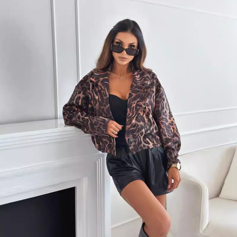 Ladies Long Sleeve Short Leopard Print Blazer